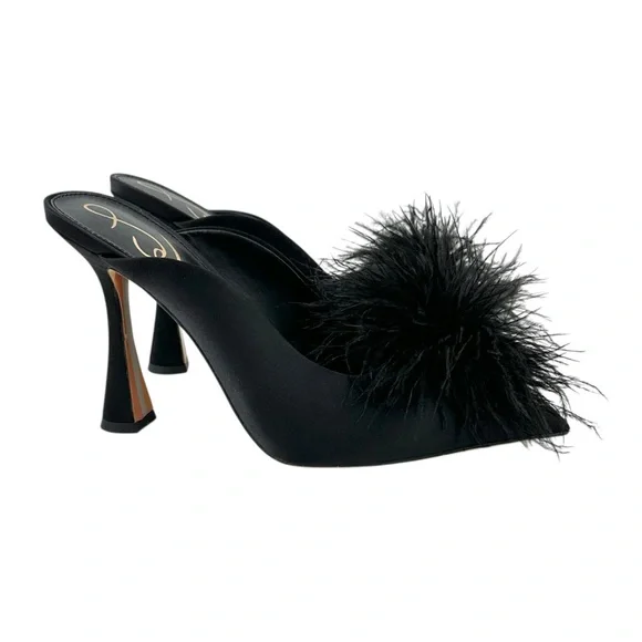 Sam Edelman Anthony Feather Mule Pump - Black Feather Appliqué Satin Mules Pumps - Picture 2 of 8